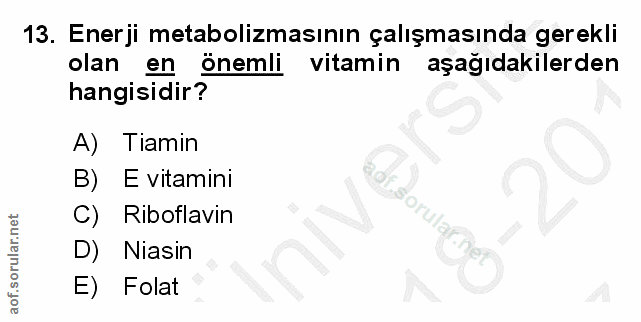 13. soru: Enerji metabolizmasının çalışmasında gerekli olan en önemli vitamin aşağıdakilerden hangisidir? A) Tiamin B)E vitamin…