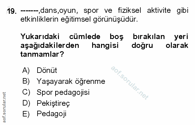 19. soru: --,dans,oyun, spor ve fiziksel aktivite gibi etkinliklerin eğitimsel görünüşüdür. Yukarıdaki cümlede boş bırakılan ye…