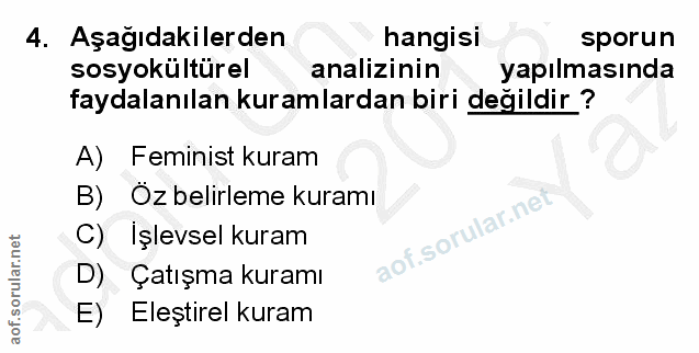 4. soru: Aşağıdakilerden hangisi sporun sosyokültürel analizinin yapılmasında faydalanılan kuramlardan biri değildir ? A) Femi…