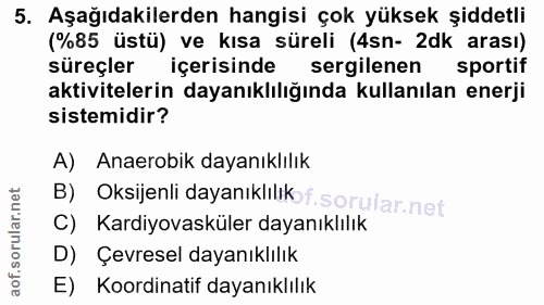 5. soru: Aşağıdakilerden hangisi çok yüksek şiddetli (%85 üstü) ve kısa süreli (4sn- 2dk arası) süreçler içerisinde sergilenen…