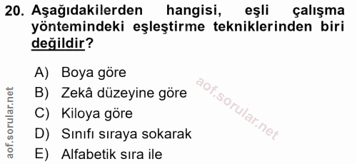 20. soru: Aşağıdakilerden hangisi, eşli çalışma yöntemindeki eşleştirme tekniklerinden biri değildir? A) Boya göre B) Zekâ düze…