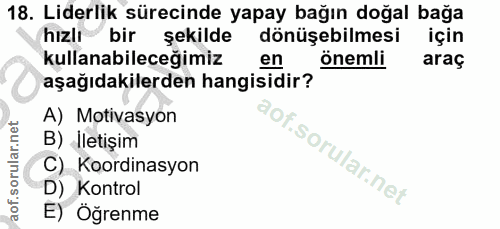 18. soru: Liderlik sürecinde yapay bağın doğal bağa hızlı bir şekilde dönüşebilmesi için kullanabileceğimiz en önemli araç aşağ…