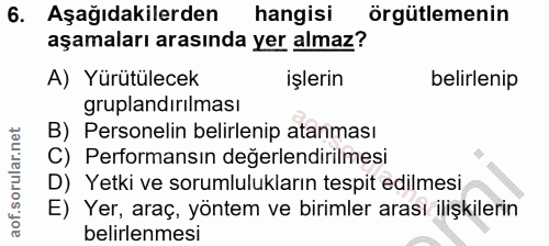 6. soru: Aşağıdakilerden hangisi örgütlemenin aşamaları arasında yer almaz? A) Yürütülecek işlerin belirlenip gruplandırılması…