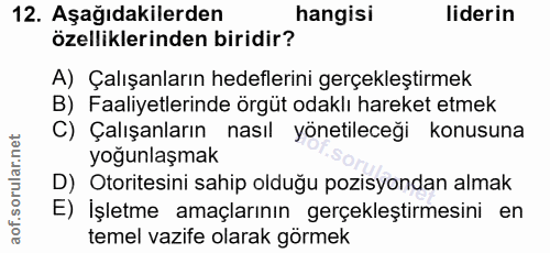 12. soru: Aşağıdakilerden hangisi liderin özelliklerinden biridir? A) Çalışanların hedeflerini gerçekleştirmek B) Faaliyetlerin…