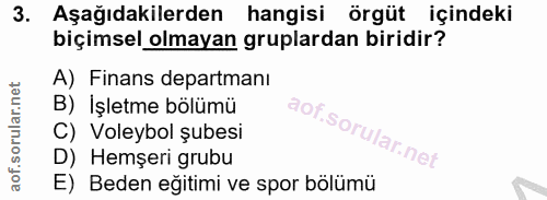 3. soru: Aşağıdakilerden hangisi örgüt içindeki biçimsel olmayan gruplardan biridir? A) Finans departmanı B) İşletme bölümü C)…