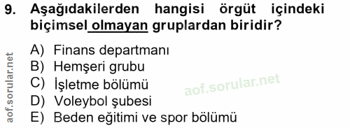 9. soru: Aşağıdakilerden hangisi örgüt içindeki biçimsel olmayan gruplardan biridir? A) Finans departmanı B) Hemşeri grubu C)…