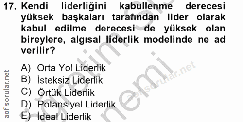 17. soru: Kendi liderliğini kabullenme derecesi yüksek başkaları tarafından lider olarak kabul edilme derecesi de yüksek olan b…