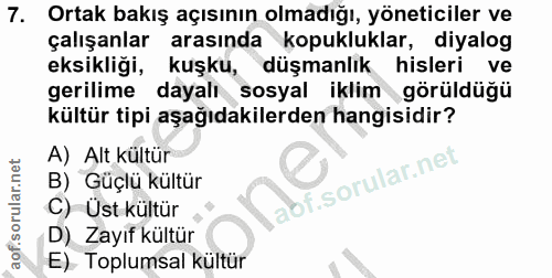 7. soru: Ortak bakış açısının olmadığı, yöneticiler ve çalışanlar arasında kopukluklar, diyalog eksikliği, kuşku, düşmanlık hi…