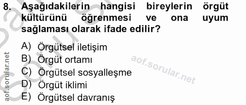 8. soru: Aşağıdakilerin hangisi bireylerin örgüt kültürünü öğrenmesi ve ona uyum sağlaması olarak ifade edilir? A) Örgütsel il…