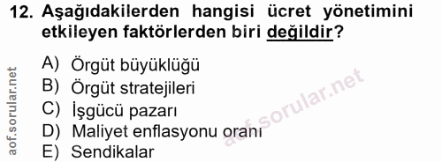 12. soru: Aşağıdakilerden hangisi ücret yönetimini etkileyen faktörlerden biri değildir? A) Örgüt büyüklüğü B) Örgüt stratejile…