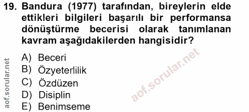 19. soru: Bandura (1977) tarafından, bireylerin elde ettikleri bilgileri başarılı bir performansa dönüştürme becerisi olarak ta…