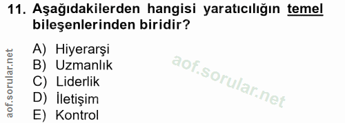11. soru: Aşağıdakilerden hangisi yaratıcılığın temel bileşenlerinden biridir? A) Hiyerarşi B) Uzmanlık C) Liderlik D) Iletişim…