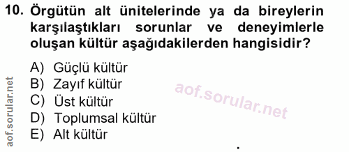 10. soru: Örgütün alt ünitelerinde ya da bireylerin karşılaştıkları sorunlar ve deneyimlerle oluşan kültür aşağıdakilerden hang…