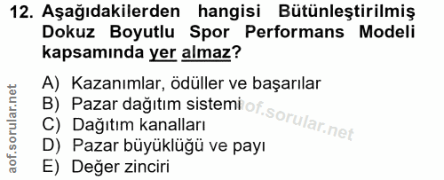 12. soru: Aşağıdakilerden hangisi Bütünleştirilmiş Dokuz Boyutlu Spor Performans Modeli kapsamında yer almaz? B) Pazar dağıtım…