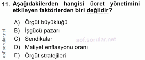 11. soru: Aşağıdakilerden hangisi ücret yönetimini etkileyen faktörlerden biri değildir? A) Örgüt büyüklüğü B) Işgücü pazarı C)…
