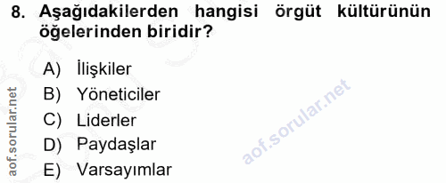 8. soru: Aşağıdakilerden hangisi örgüt kültürünün öğelerinden biridir? A) İlişkiler B) Yöneticiler C) Liderler D) Paydaşlar E)…