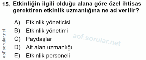15. soru: Etkinliğin ilgili olduğu alana göre özel ihtisas gerektiren etkinlik uzmanlığına ne ad verilir? A) Etkinlik yöneticis…