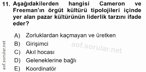 11. soru: Aşağıdakilerden hangisi Cameron ve Freeman'ın örgüt kültürü tipolojileri içinde yer alan pazar kültürünün liderlik ta…