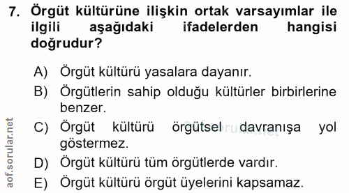 7. soru: Örgüt kültürüne ilişkin ortak varsayımlar ile ilgili aşağıdaki ifadelerden hangisi doğrudur? A) Örgüt kültürü yasalar…