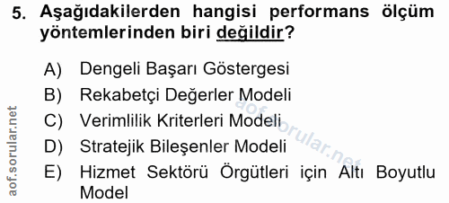 5. soru: Aşağıdakilerden hangisi performans ölçüm yöntemlerinden biri değildir? A) Dengeli Başarı Göstergesi B) Rekabetçi Değe…