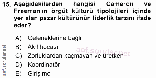 15. soru: Aşağıdakilerden hangisi Cameron ve Freeman'ın örgüt kültürü tipolojileri içinde yer alan pazar kültürünün liderlik ta…