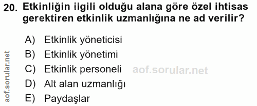 20. soru: Etkinliğin ilgili olduğu alana göre özel ihtisas gerektiren etkinlik uzmanlığına ne ad verilir? A) Etkinlik yöneticis…