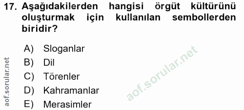 17. soru: Aşağıdakilerden hangisi örgüt kültürünü oluşturmak için kullanılan sembollerden biridir? A) Sloganlar B) Dil C) Tören…