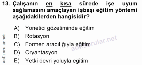 13. soru: Çalışanın en kısa sürede ışe uyum sağlamasını amaçlayan işbaşı eğitim yöntemi aşağıdakilerden hangisidir? A) Yönetici…