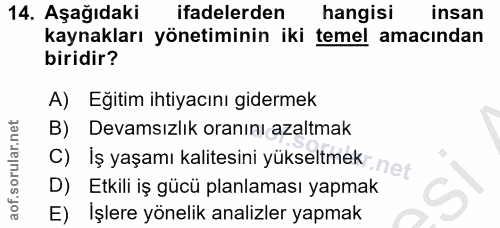 14. soru: Aşağıdaki ifadelerden hangisi insan kaynakları yönetiminin iki temel amacından biridir? A) Eğitim ihtiyacını gidermek…