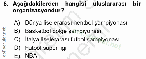 8. soru: Aşağıdakilerden hangisi uluslararası bir organizasyondur? A) Dünya liselerarası hentbol şampiyonası B) Basketbol bölg…