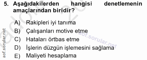 5. soru: Aşağıdakilerden hangisi denetlemenin amaçlarından biridir? A) Rakipleri iyi tanıma B) Çalışanları motive etme C) Hata…