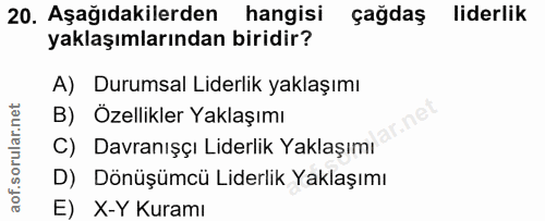 20. soru: Aşağıdakilerden hangisi çağdaş liderlik yaklaşımlarından biridir? A) Durumsal Liderlik yaklaşımı B) Özellikler Yaklaş…