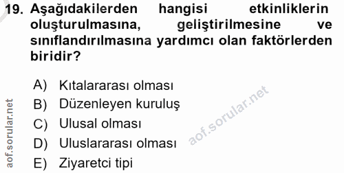 19. soru: Aşağıdakilerden hangisi etkinliklerin oluşturulmasına, geliştirilmesine ve sınıflandırılmasına yardımcı olan faktörle…