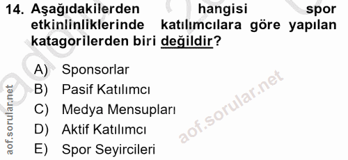 14. soru: Aşağıdakilerden hangisi spor etkinlinliklerinde katılımcılara göre yapılan katagorilerden biri değildir? A) Sponsorla…