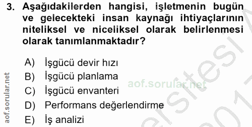 3. soru: Aşağıdakilerden hangisi, işletmenin bugün ve gelecekteki insan kaynağı ihtiyaçlarının niteliksel ve niceliksel olarak…