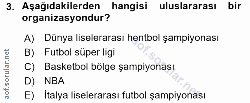 3. soru: Aşağıdakilerden hangisi uluslararası bir organizasyondur? A) Dünya liselerarası hentbol şampiyonası B) Futbol süper l…
