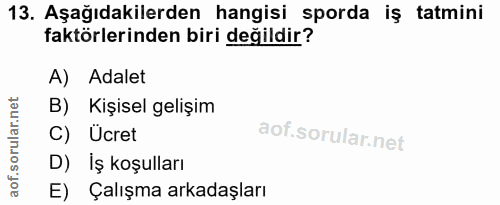 13. soru: Aşağıdakilerden hangisi sporda iş tatmini faktörlerinden biri değildir? A) Adalet B) Kişisel gelişim C) Ücret D) İş k…