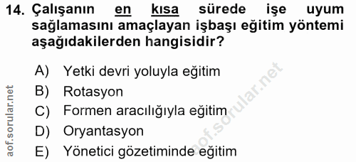 14. soru: Çalışanın en kisa sürede ışe uyum sağlamasını amaçlayan işbaşı eğitim yöntemi aşağıdakilerden hangisidir? A) Yetki de…