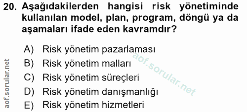 20. soru: Aşağıdakilerden hangisi risk yönetiminde kullanılan model, plan, program, döngü ya da aşamaları ifade eden kavramdır?…
