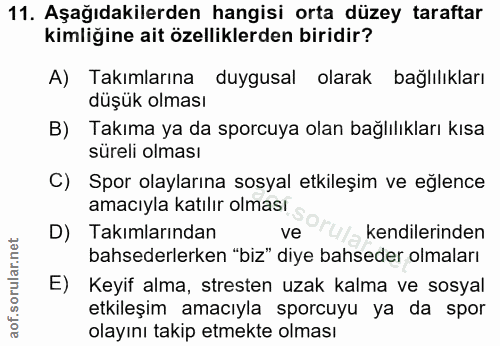 11. soru: Aşağıdakilerden hangisi orta düzey taraftar kimliğine ait özelliklerden biridir? A) Takımlarına duygusal olarak bağlı…