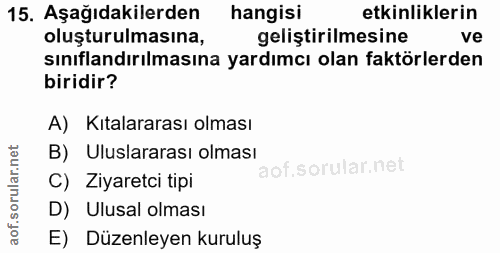 15. soru: Aşağıdakilerden hangisi etkinliklerin oluşturulmasına, geliştirilmesine ve sınıflandırılmasına yardımcı olan faktörle…