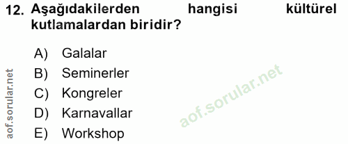 12. soru: Aşağıdakilerden hangisi kültürel kutlamalardan biridir? A) Galalar B) Seminerler C) Kongreler D) Karnavallar E) Workshop