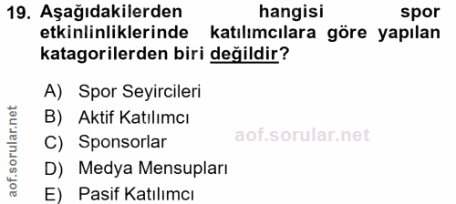 19. soru: Aşağıdakilerden hangisi spor etkinlinliklerinde katılımcılara göre yapılan katagorilerden biri değildir? A) Spor Seyi…