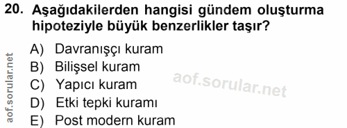 20. soru: Aşağıdakilerden hangisi gündem oluşturma hipoteziyle büyük benzerlikler taşır? A) Davranışçı kuram B) Bilişsel kuram…
