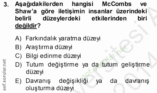3. soru: Aşağıdakilerden hangisi McCombs ve Shaw'a göre iletişimin insanlar üzerindeki belirli düzeylerdeki etkilerinden biri…