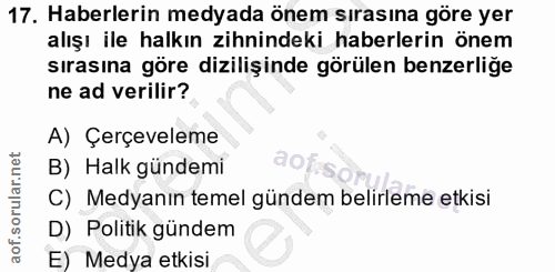 17. soru: Haberlerin medyada önem sırasına göre yer alışı ile halkın zihnindeki haberlerin önem sırasına göre dizilişinde görül…