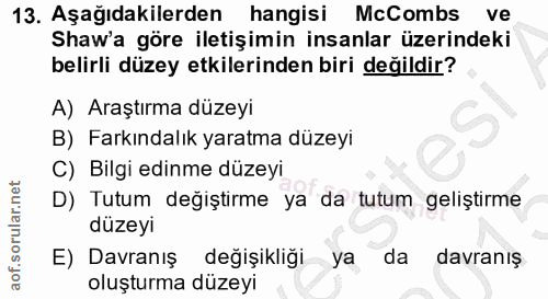 13. soru: Aşağıdakilerden hangisi McCombs ve Shaw'a göre iletişimin insanlar üzerindeki belirli düzey etkilerinden biri değildi…
