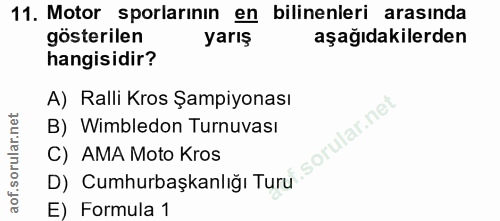 11. soru: Motor sporlarının en bilinenleri arasında gösterilen yarış aşağıdakilerden hangisidir? A) Ralli Kros Şampiyonası B) W…