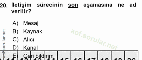 20. soru: İletişim sürecinin son aşamasına ne ad verilir? A) Mesaj B) Kaynak C) Alıcı D) Kanal E) Geri bildirim.