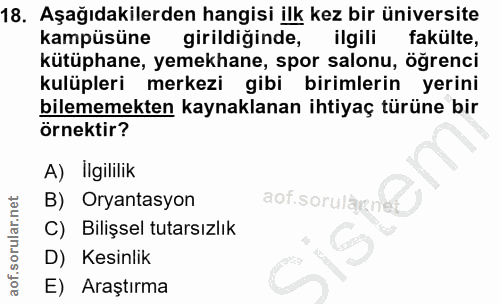 18. soru: Aşağıdakilerden hangisi ilk kez bir üniversite kampüsüne girildiğinde, ilgili fakülte, kütüphane, yemekhane, spor sal…